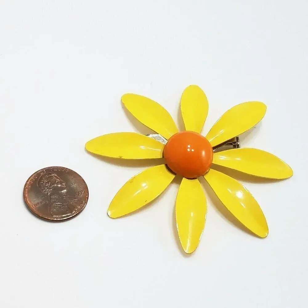 Vintage 1960s Yellow Enamel Daisy Flower Brooch Orange Center Mod Pin Jewelry